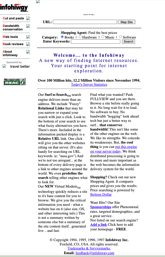 InfoHiway website circa 1997 — showing Surf-n-Search, Fuzzy Relational Links, and over 100 million hits